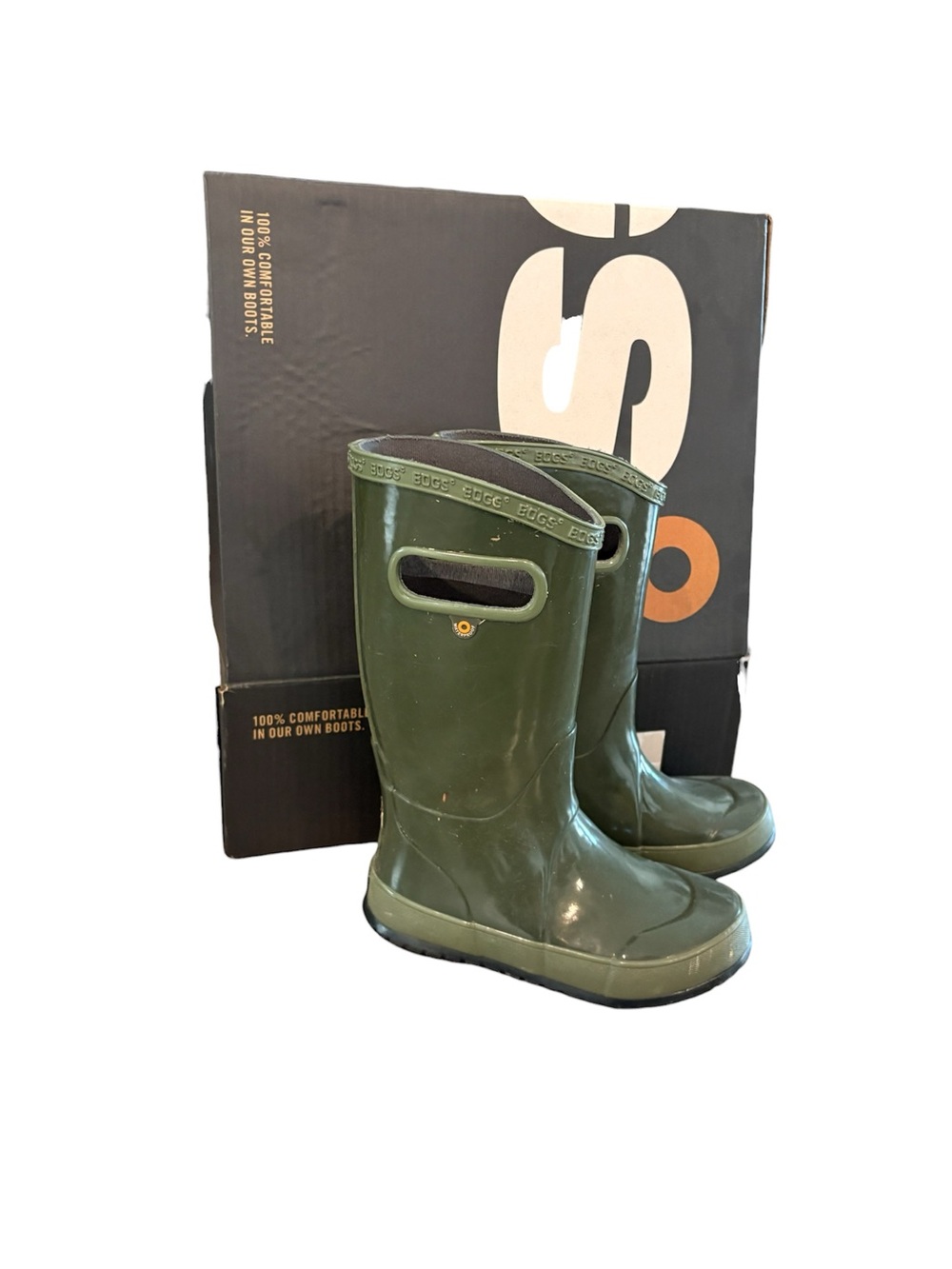 Bogs Kids Olive Green Waterproof Rain Boots with Built-In Handles